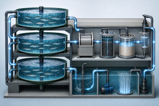 Recirculating aquaculture system cutaway with biofilters and flow