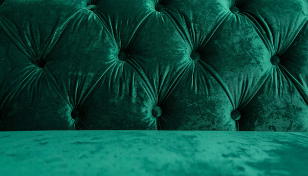 Green velvet sofa texture with deep button tufting and soft luxurious fabric upholstery for elegant interior design background projects