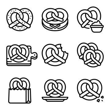 food traditional world vector pretzel line art icon set collection of German twisted baked bread snacks with dip salt bite mark paper bag board for bakery cafe menu graphic design