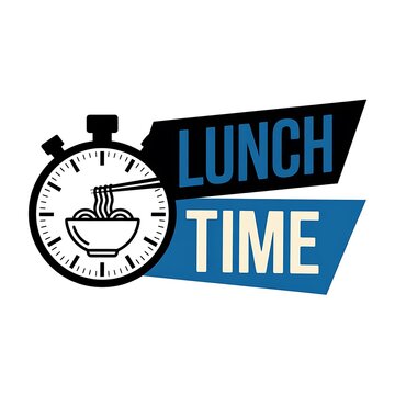 Lunch time sign with stopwatch and noodle bowl icon