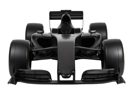 Sleek black formula one race car&nbsp; showing the aerodynamic front profile and wide tires of this high performance racing vehicle