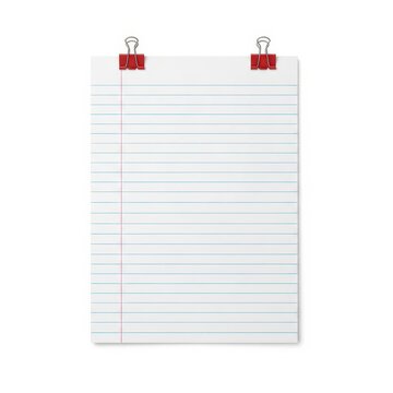 A single sheet of lined paper with two red binder clips at the top edge