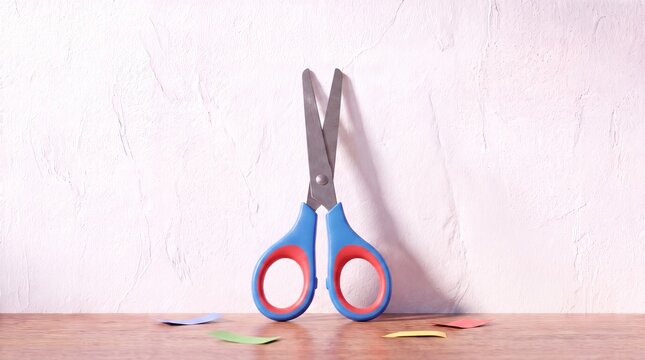 Pair of blue and red plastic safety scissors standing upright on wooden desk against textured wall