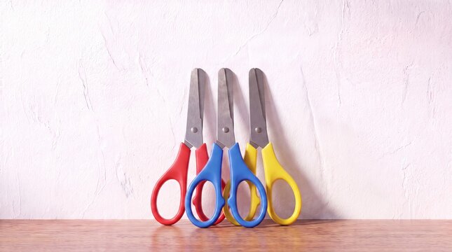 Three colorful plastic safety scissors standing upright on wooden desk against textured white wall.