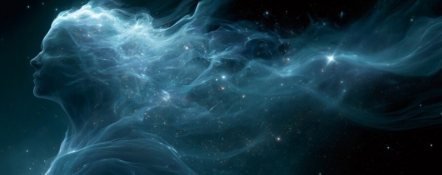 Human-like nebula figure projecting from body into cosmic starry space, representing soul, spirit, and ethereal energy