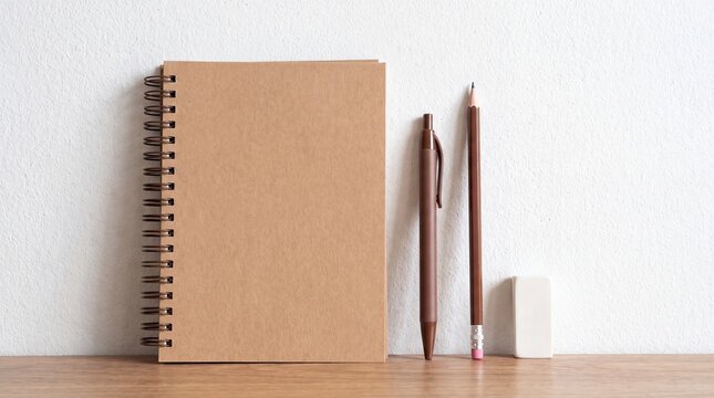 Brown kraft paper spiral notepad with matching pen, pencil, and white rubber eraser standing on wooden desk against textured wall.