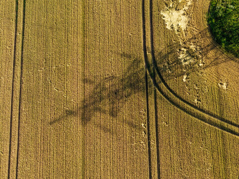 Aerial view of a golden wheat field with visible tractor tracks and a large shadow cast across the crops in Stakliskes, Kaunas County, Lithuania.
