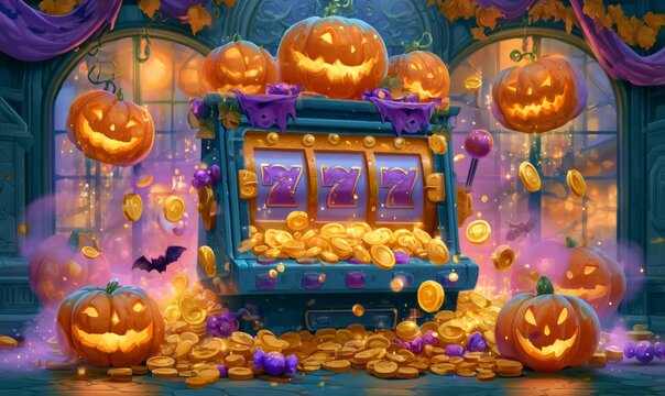Slot machine hitting triple sevens, showering gold coins, surrounded by glowing jack-o'-lanterns, bats, and purple candy