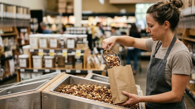 Woman scooping mixed nuts into a paper bag at a grocery store bulk bin, documentary style