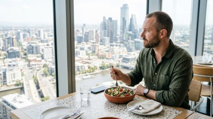 Plakat Man enjoying a healthy lunch with a panoramic city view from a high-rise restaurant