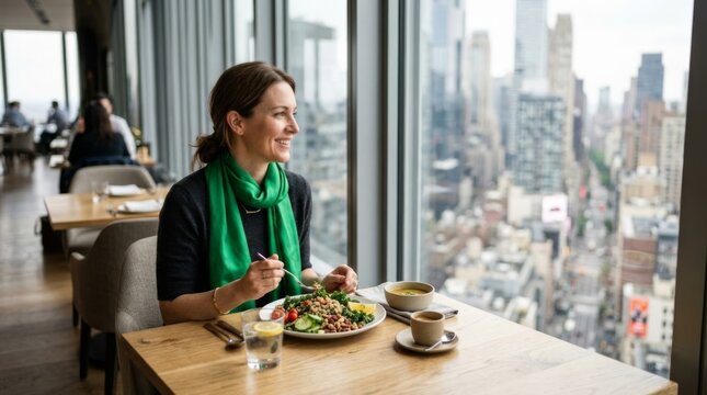 Woman enjoying healthy lunch in upscale restaurant with city skyline view, embracing a moment of urban tranquility