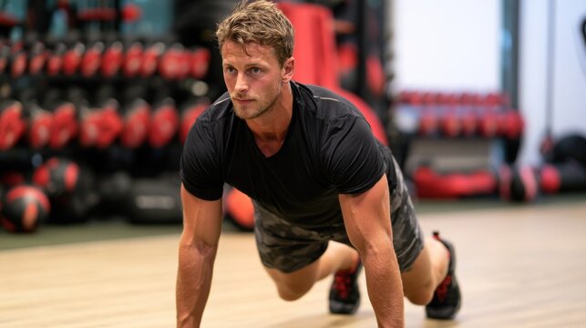 A man in a black t-shirt and shorts, performing a push-up in a gym with a red and black dumbbell rack in the background.