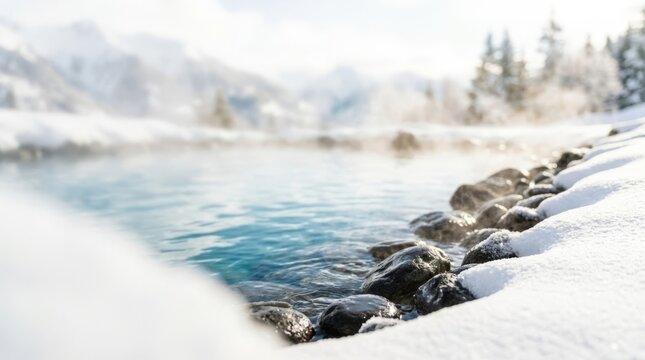 Steaming hot spring water meets snow-covered rocks and landscape in serene winter nature, offering peacefulness and contrast