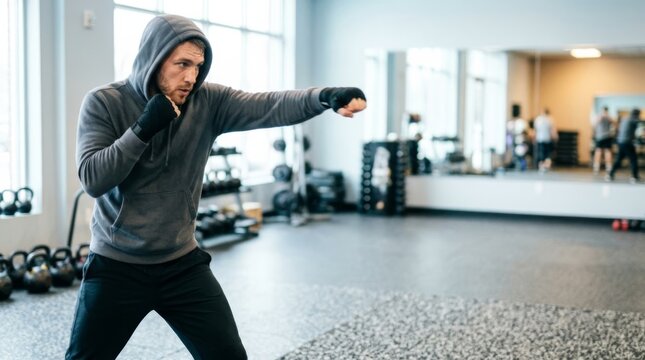 Man in Hoodie Shadowboxing in Sunlit Gym with Copy Space | Determination and Focus