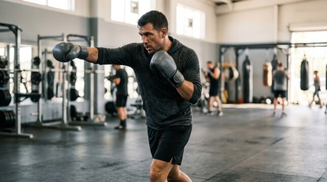 Man boxing in a bright gym, focused training with copy space, realistic documentary style