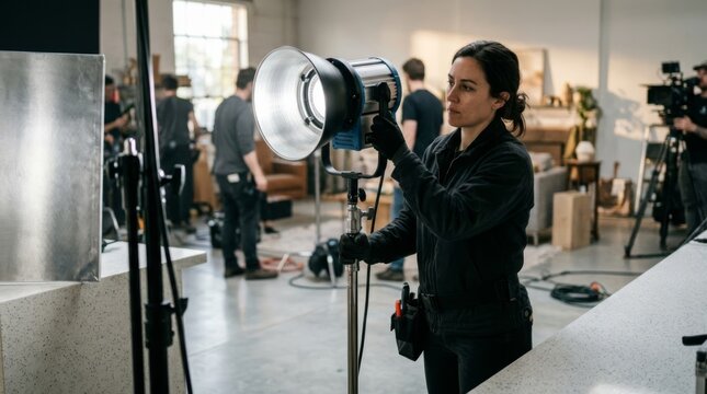 Cinematic gaffer adjusts professional lighting equipment on a film set with crew and camera in background, ready for production