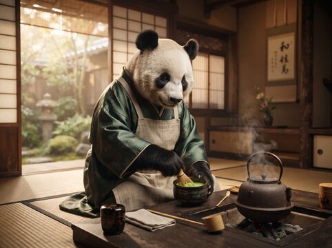 a panda is making macha tea