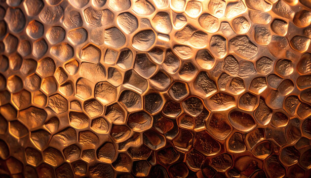 Copper metal texture featuring a hammered organic pattern with shiny golden reflections and deep shadows in a macro photography shot