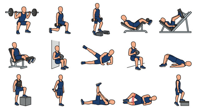 muscle anatomy vector leg workout set flat illustration of male athlete performing squat lunge press bridge exercise for lower body strength training graphic design element art