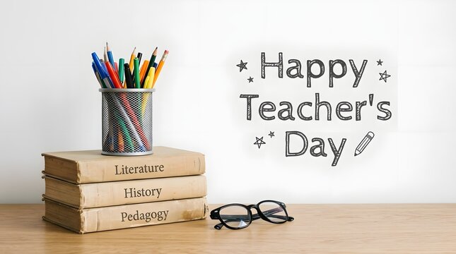 Happy teachers day concept with books pencils and chalk on a white background