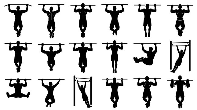 muscle anatomy vector pullup silhouette set black illustration of male athlete performing chin up exercises on bar for back arm bodybuilder strength training graphic design
