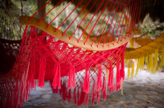 close up of colorful hammocks