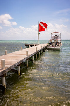 A scuba diving boat docked on Ambergris Caye in Belize, Central America.