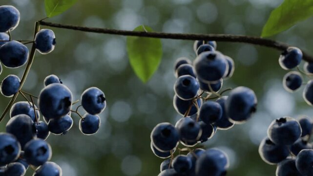 Realistic 4K 3D animation showing blueberries growing from initial flower blossom to fully ripe fruit. Detailed time lapse transformation process for agricultural, nutrition, and food visuals.