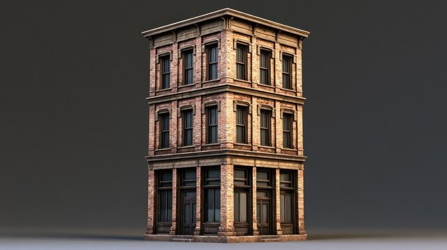 A three-story brick building with a stone facade, set against a dark background.