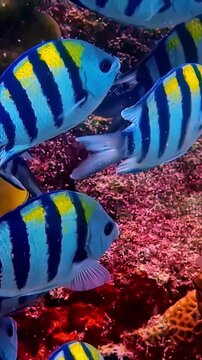 View of sergeant major fish swimming underwater, Indonesia.