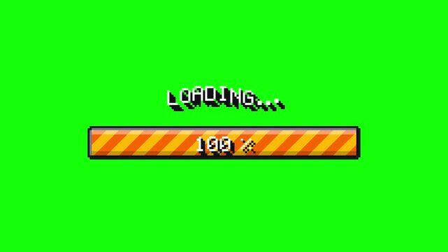Pixel art loading progress bar animation on green screen background