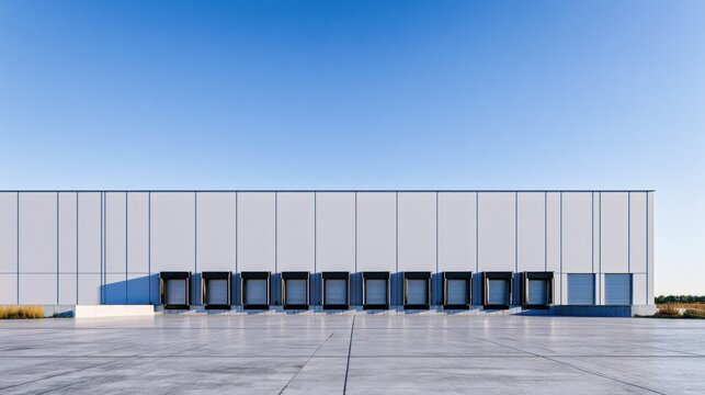 A large, empty warehouse with a white wall and loading docks in the foreground.