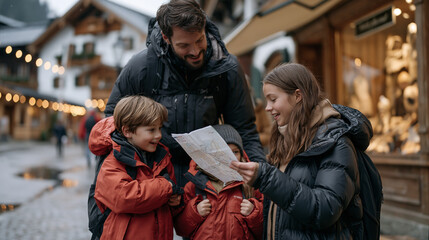Obraz premium Mountain guide leads a family through rain-soaked alpine streets of a small winter village, children gripping waterproof jackets, a teenage daughter studying a laminated trail map