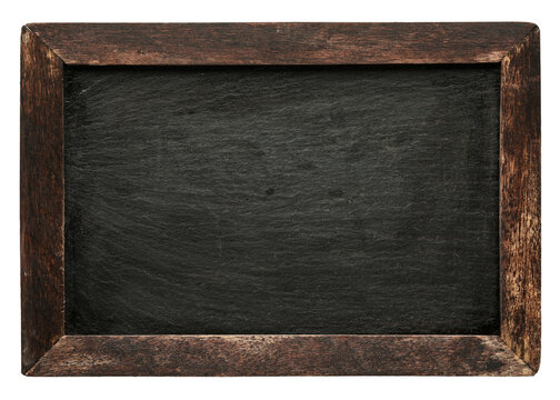Blank old vintage blackboard with worn wooden frame. Rough textured empty chalkboard made of plain black slate for classroom learning, signage, or for use a a noticeboard. Isolated.