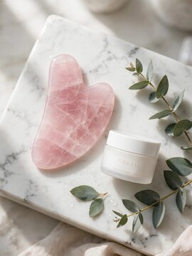 Rose Quartz Gua Sha Facial Tool with Moisturizing Cream Jar on White Marble Background with Eucalyptus Leaves
