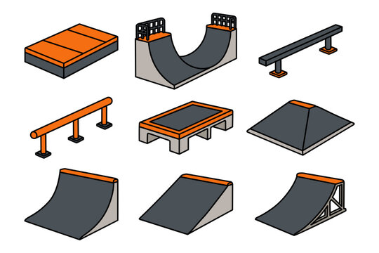 Skatepark obstacle flat style icon set. Skate ramp colorful element design pack. Skatepark feature line art symbol illustration collection. Ramp, Quarter pipe, Half pipe, Rail, Funbox, Pyramid, Ledge