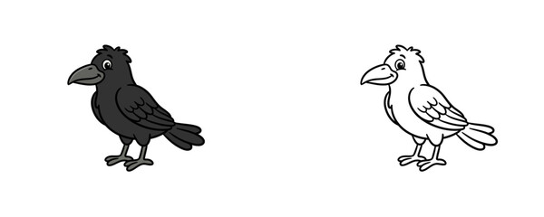 Obraz premium Standing black crow bird cartoon vector illustration in black and dark gray colors used for halloween animal mascot, spooky wildlife and nature graphics