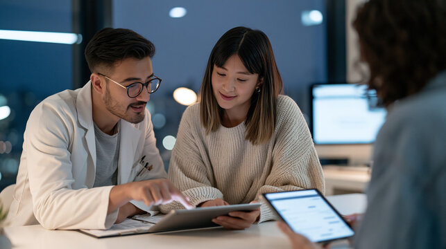 Psychiatrist consults patient in twilight blue hour window light of a treatment office before and after seasonal mood tracking comparison charts are reviewed together on tablets,