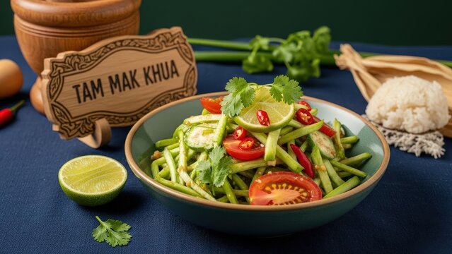 Gourmet Tam Mak Khua green eggplant and tomato salad, elegant traditional presentation with deep green copy space