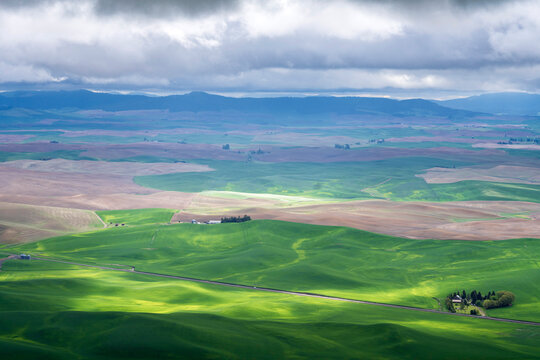 View of pasture, grass, rolling hills of countryside, farmland, with storm clouds