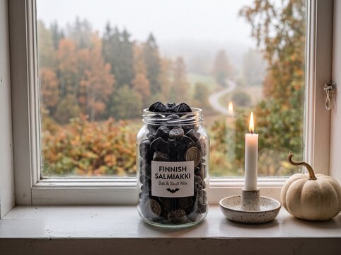 Glass Jar Filled with Salmiakki Halloween Candy on Cozy Nordic Windowsill