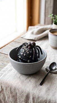 Gourmet Black Salmiakki Ice Cream in Stoneware Bowl for Halloween