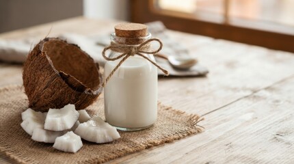 Fototapeta premium Coconut Milk in Glass Bottle with Fresh Coconut on Rustic Table