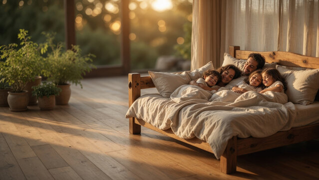 Cozy family bed morning light wooden bedroom happy children soft bedding warm sunlight indoor plants rustic home weekend morning family cuddle parenting lifestyle natural concept
