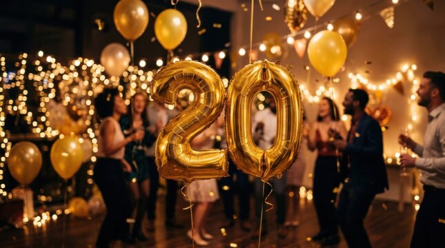 Celebratory Party with Golden 20 Balloon and Guests Dancing