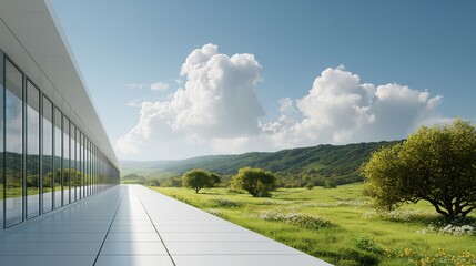 Fototapeta premium Futuristic AI Data Center Expands Across Forest Reservoir Landscape, Symbolizing Technology’s Growing Environmental and Resource Burden