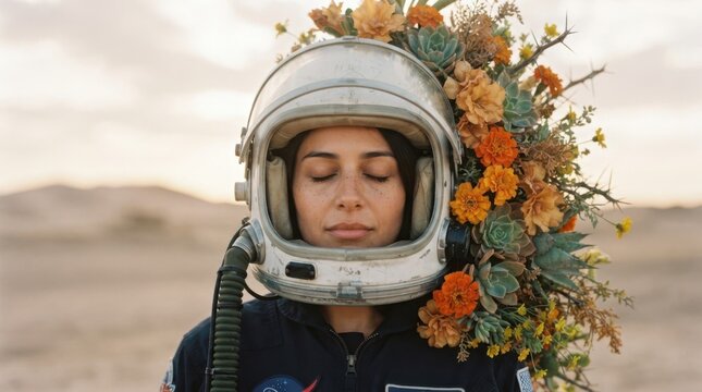 Woman in Astronaut Suit with Floral Headpiece in Desert Landscape