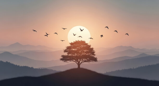 Minimalist landscape features silhouette of single tree on hill with flying birds against vibrant orange and pink sunset for peace and tranquility.
