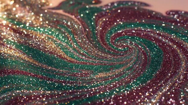 A Glittering Swirl of Emerald Green, Burgundy, and Gold Spattered Colors