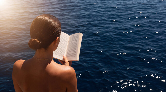 Woman reading book by sparkling blue sea viewed from behind in summer sunlight